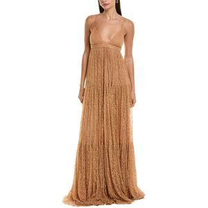 Michael Kors Collection Womens Lace Tiered Silk Gown, Brown